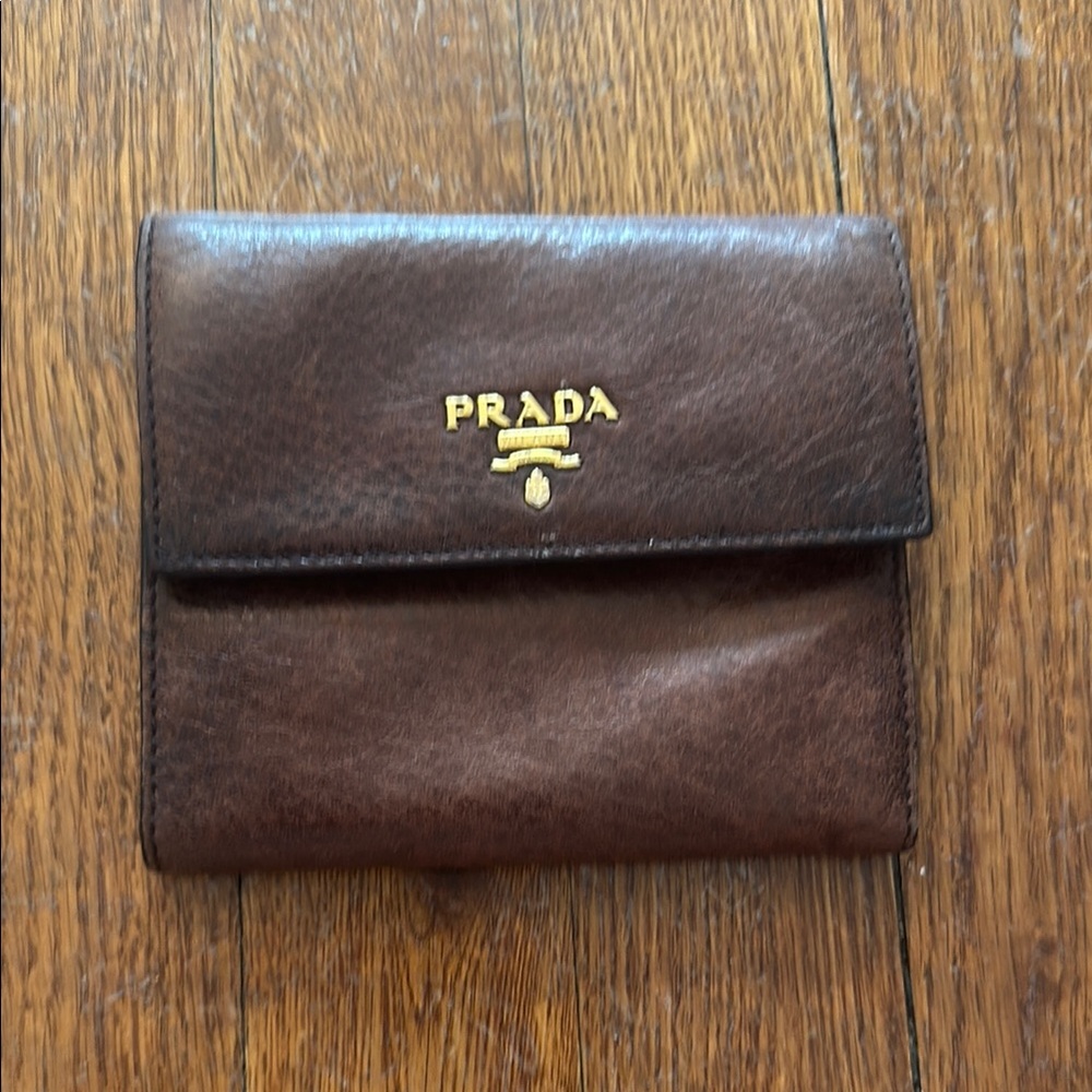 Prada Dark Brown Leather Wallet with Gold Logo